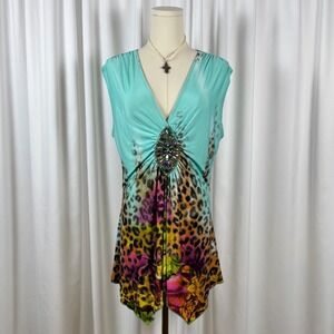 Vintage y2k Venus Leopard Floral Jewel Embellished Tunic Top Turquoise V-Neck